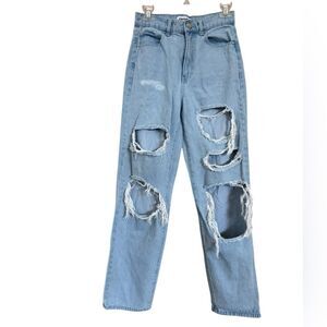 RSQ Baggy Jean Women 26 Light Blue Distressed Denim Tapered Organic Cott…